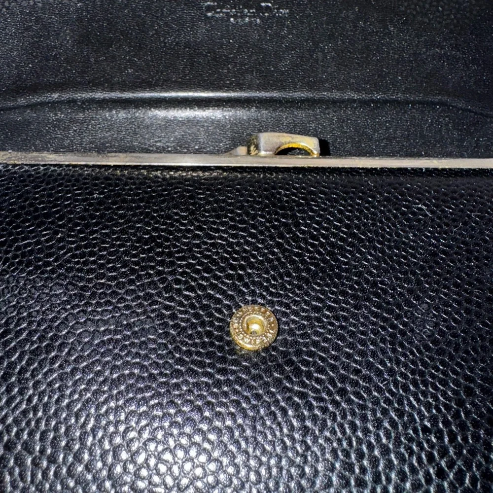 Vintage Christian Dior Black Leather Long Kiss Lock Wallet w Chain & Box